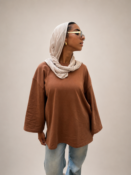 BAZIKZ BROWN LONG SLEEVE OVERSIZED TEE