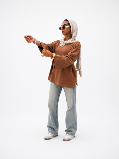 BAZIKZ BROWN LONG SLEEVE OVERSIZED TEE