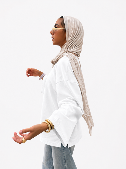 BAZIKZ WHITE LONG SLEEVE OVERSIZED TEE